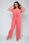 Belted V Neck Jumpsuit with Side Pockets