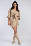 Roll Tab Sleeve Drawstring Waist Open Front Trench Coat Jacket