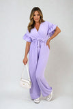 Wrap Over Tie Belt Frill Sleeve Jumpsuit