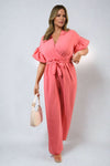 Wrap Over Tie Belt Frill Sleeve Jumpsuit