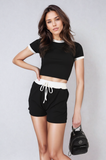 Contrast Rib Knit Crop Top and Drawstring Waist Short Set