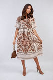 Ruched Printed V-Neck Short Sleeve Midi Dress