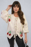 Tie Front Cherry Print Knitted Cardigan