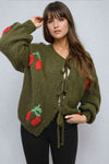 Tie Front Cherry Print Knitted Cardigan