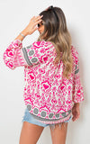 Boho Printed Tassel Tie Neck Long Sleeve Loose Tops