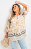 Boho Printed Tassel Tie Neck Long Sleeve Loose Tops